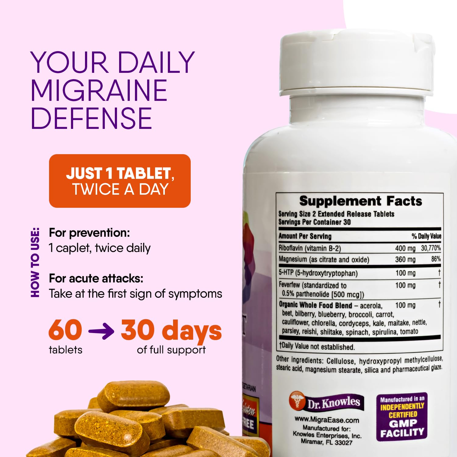 Doctor Knowles Migraine Supplement |Complete Natural Migraine Prevention & Relief Pills with Magnesium, 5-HTP, Feverfew, Riboflavin & Organic Blend |Caffeine Free, Extended-Release Tablets (60 Units) DR. KNOWLES buy australia supplements