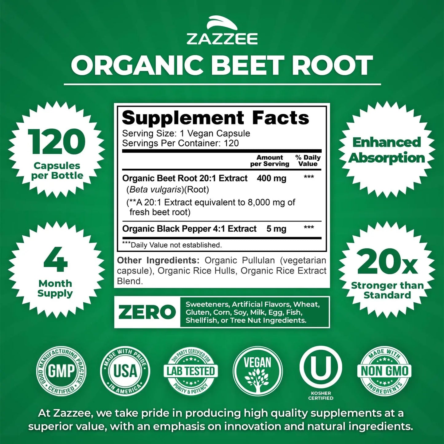 Zazzee USDA Organic Beet Root 20:1 Extract, 120 Vegan Quick Release Capsules, 4 Month Supply, Nitric Oxide Support, Black Pepper Extract for Enhanced Absorption Zazzee