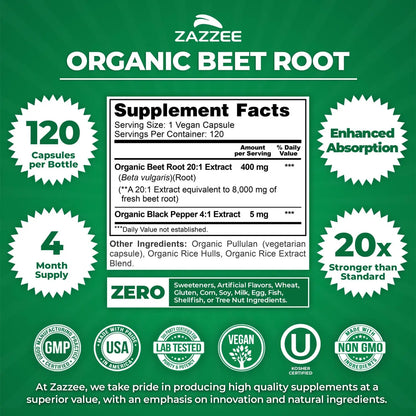 Zazzee USDA Organic Beet Root 20:1 Extract, 120 Vegan Quick Release Capsules, 4 Month Supply, Nitric Oxide Support, Black Pepper Extract for Enhanced Absorption Zazzee