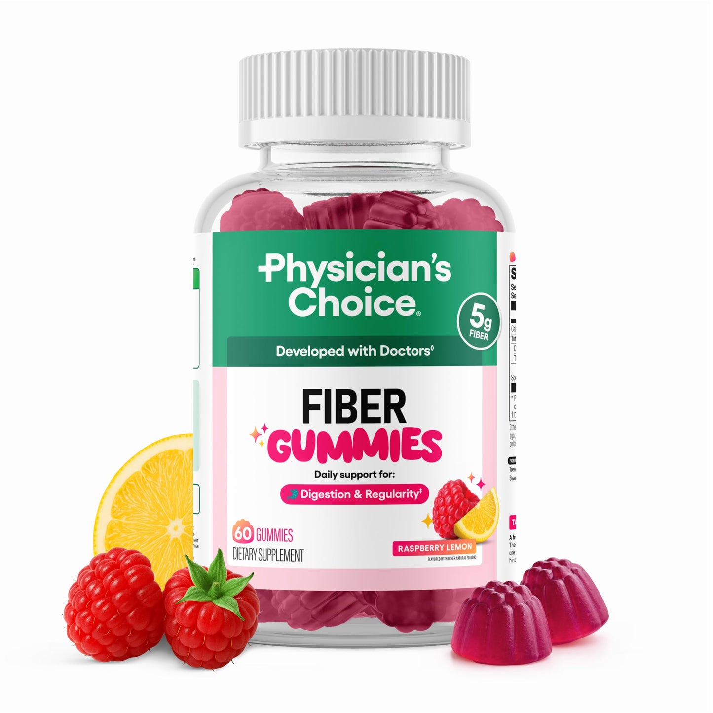 Physician’s Choice Fiber Gummies for Digestive Health & Regularity - Raspberry Lemon Flavor - No Sugar Added & Vegan - Natural Chicory Root Prebiotic Fiber Physician's CHOICE