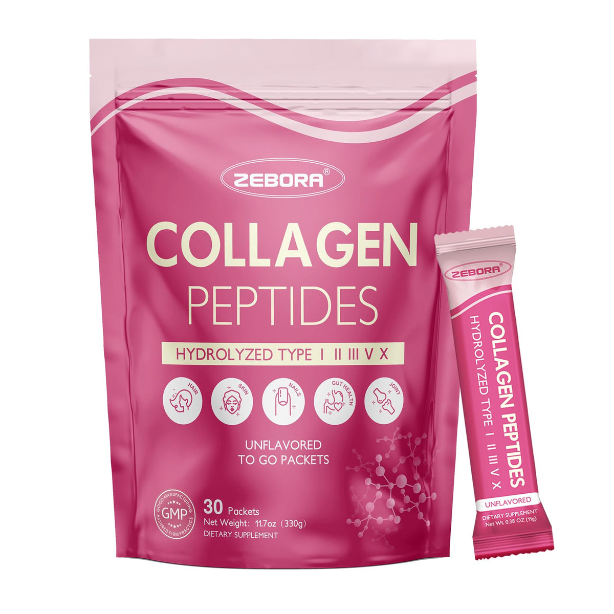 ZEBORA Multi Collagen Peptides Powder Packets with Hyaluronic Acid, Biotin, MCT - Hydrolyzed Collagen with 5 Billion Probiotics ZEBORA