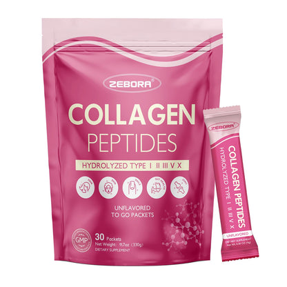 ZEBORA Multi Collagen Peptides Powder Packets with Hyaluronic Acid, Biotin, MCT - Hydrolyzed Collagen with 5 Billion Probiotics ZEBORA