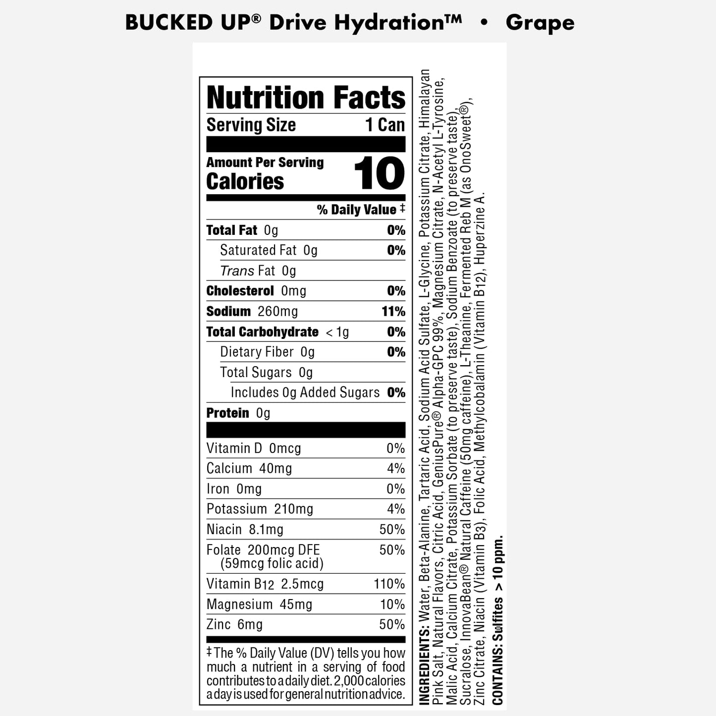 Bucked Up Drive Hydration and Energy | Zero Sugar Electrolyte Drink with GeniusPure Alpha-GPC & 50mg Natural Caffeine | No Artificial Colors | Performance Hydration Beverage | 12 Pack, 16 fl oz Cans | (Grape)
