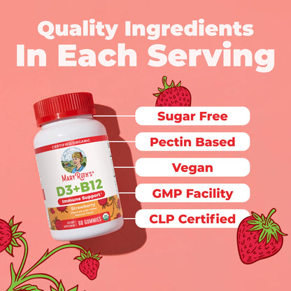 MARYRUTH'S Organic Vitamin D3 + B12 Gummies for Ages 4+ | Bone Health | Immune Support | Energy Metabolism | Cognitive Function | Vegan | Non-GMO MARYRUTH'S