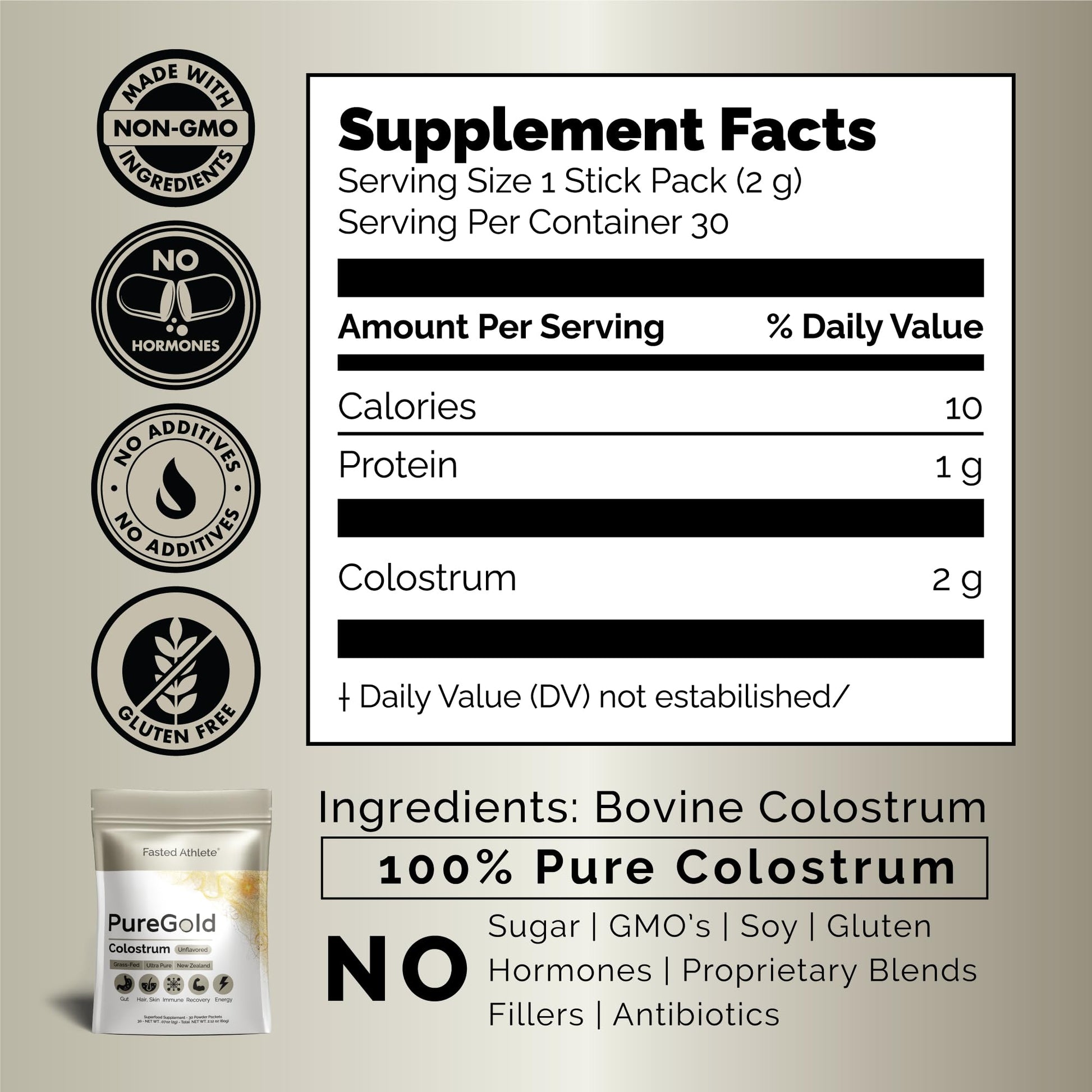 PureGold - Bovine Colostrum Powder - 100% Pure New Zealand Grass Fed, Supports Gut Health, Skin, Hair, & Immunity – Colostrum Supplement, Unflavored, 30 Travel Packets Fasted Athlete buy australia supplements