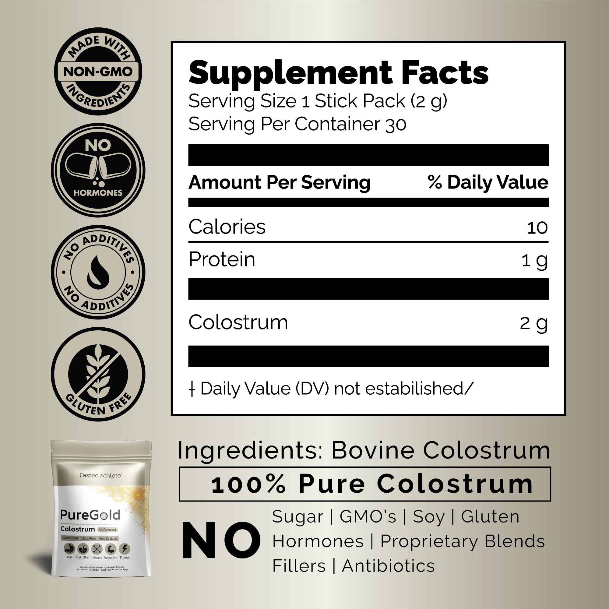 PureGold - Bovine Colostrum Powder - 100% Pure New Zealand Grass Fed, Supports Gut Health, Skin, Hair, & Immunity – Colostrum Supplement, Unflavored, 30 Travel Packets Fasted Athlete buy australia supplements