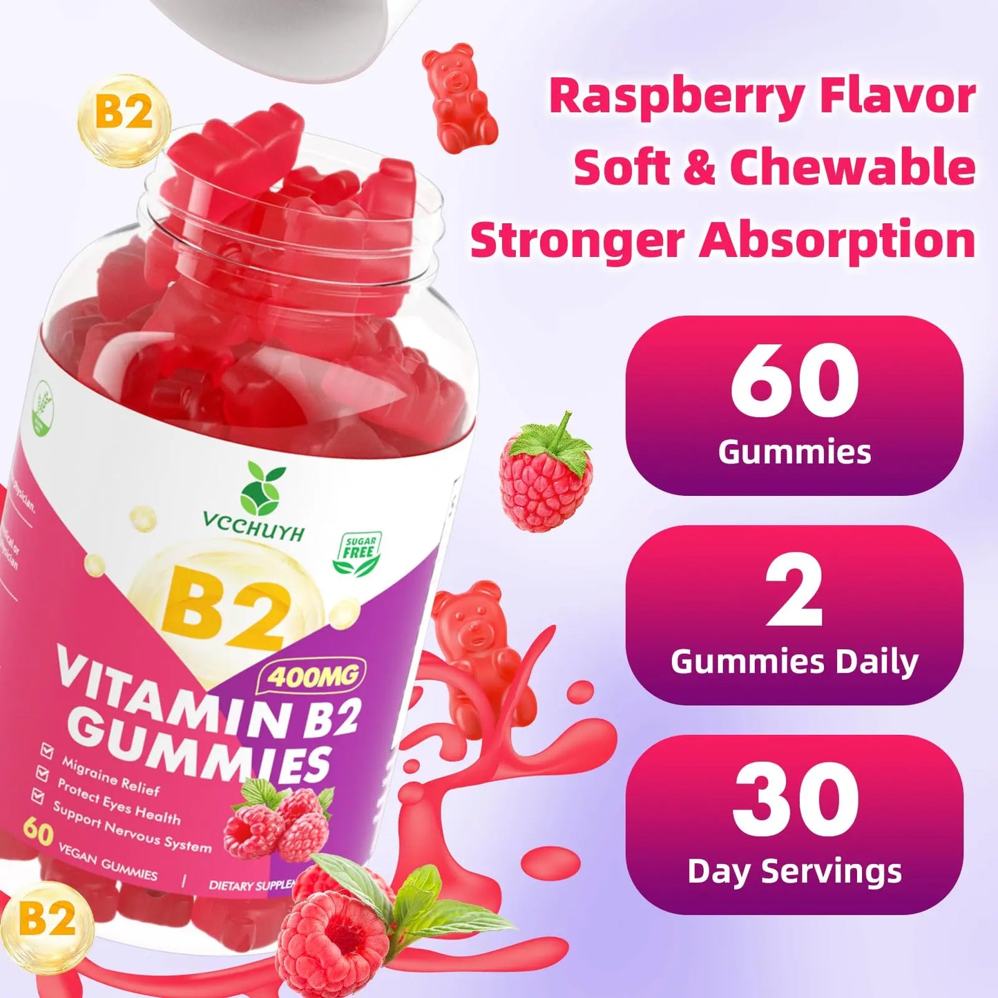 VCCHUYH Vitamin B2 Gummies for Kids & Adults, VIT B2 Riboflavin 400mg Supplement with Magnesium for Migraine Relief & Nervous System Support, Non-GMO VCCHUYH