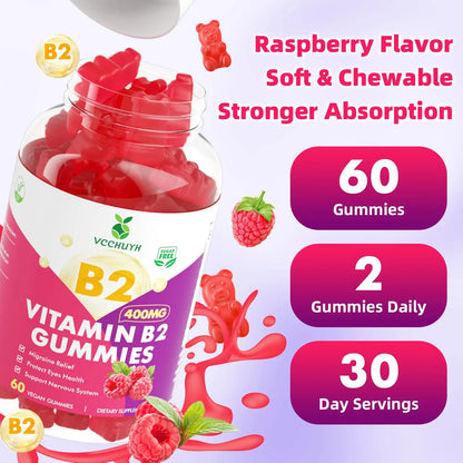 VCCHUYH Vitamin B2 Gummies for Kids & Adults, VIT B2 Riboflavin 400mg Supplement with Magnesium for Migraine Relief & Nervous System Support, Non-GMO, VCCHUYH