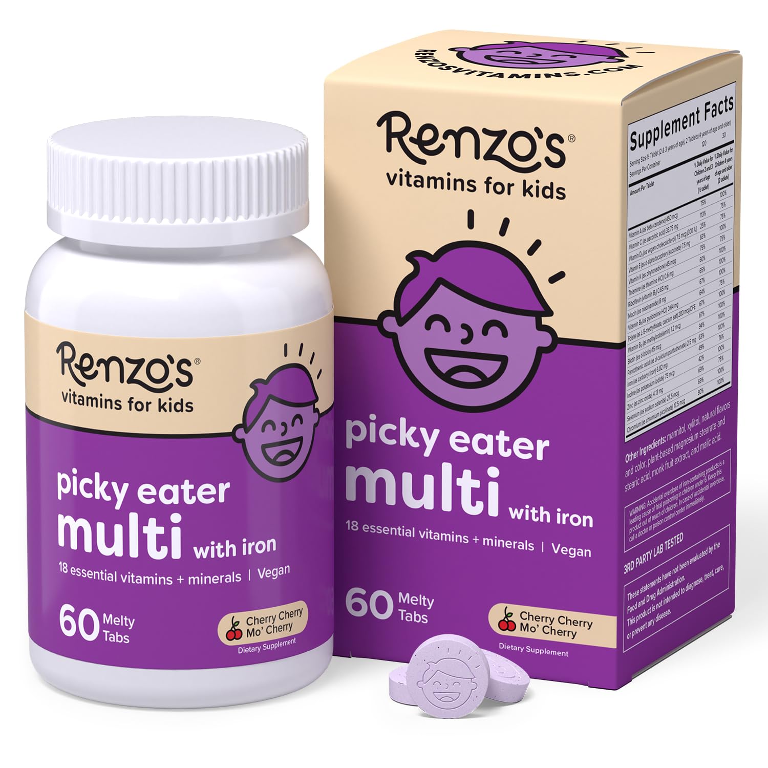 Renzo's Picky Eater Kids Multivitamin with Iron - Dissolvable Kids Vitamins with Iron, Zinc, Vitamin C, Vitamin D, E & K, Sugar-Free Melty Tabs, Cherry Flavor Renzo's
