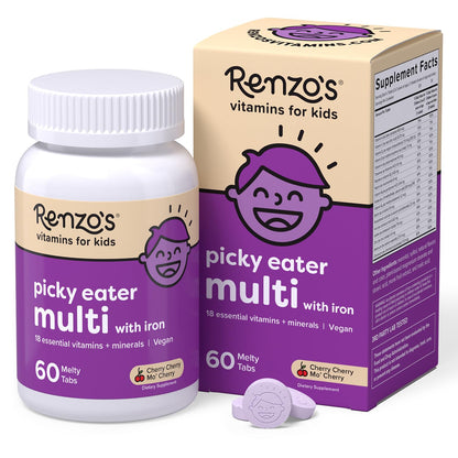 Renzo's Picky Eater Kids Multivitamin with Iron - Dissolvable Kids Vitamins with Iron, Zinc, Vitamin C, Vitamin D, E & K, Sugar-Free Melty Tabs, Cherry Flavor Renzo's