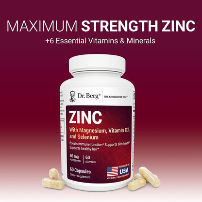 Dr. Berg Zinc 30 mg (60 Capsules) – High Potency 7-in-1 Immune Support Formula – Chelated Zinc with Vitamin D & Selenium for Healthy Skin, Hair & Daily Wellness – No Fillers, 4X Tested*
