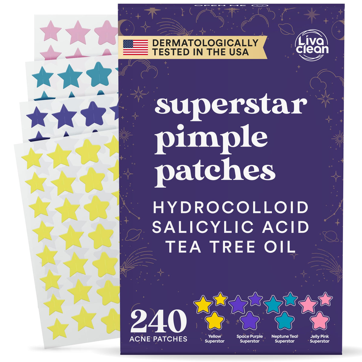 Livaclean 240CT Star Pimple Patches for Face w/ Hydrocolloid, Tea Tree oil & Salicylic Acid - Zit Stickers, Hydrocolloid Acne Patches for Face - Cute Pimple Patch, Acne Stickers LivaClean