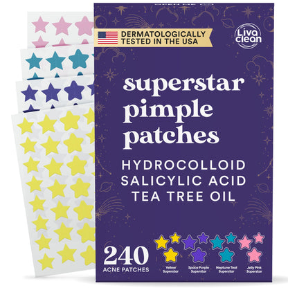 Livaclean 240CT Star Pimple Patches for Face w/ Hydrocolloid, Tea Tree oil & Salicylic Acid - Zit Stickers, Hydrocolloid Acne Patches for Face - Cute Pimple Patch, Acne Stickers LivaClean