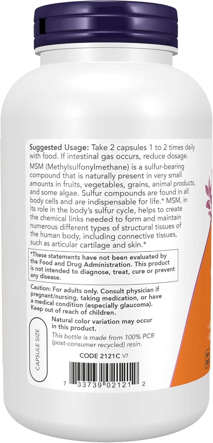 NOW Supplements, MSM (Methylsulfonylmethane) 1,000 mg, Joint Health*, 240 Veg Capsules Gsupps Australia