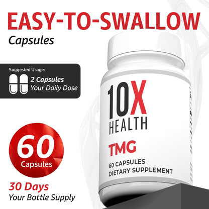 10X Health TMG Supplements - Trimethylglycine Supplement for Liver Support, Heart Wellness, Energy, Homocysteine Levels - TMG Capsules with Betaine Anhydrous 10X Health System