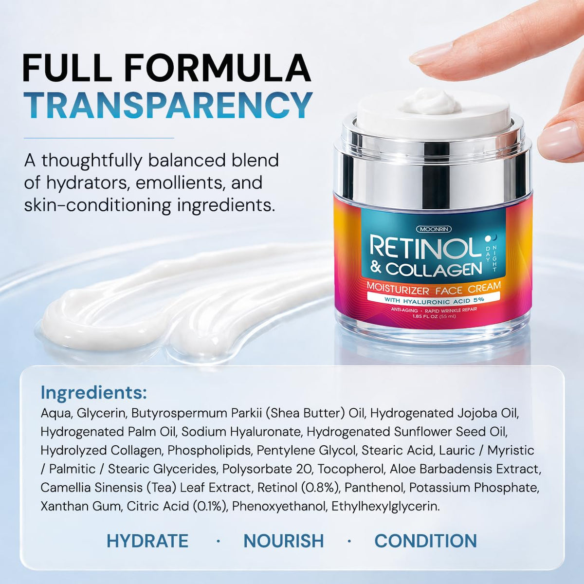 Retinol Cream for Face with Hyaluronic Acid, Day-Night Anti-Aging Moisturizer for Women, Men, Collagen Cream for Face Reduces Wrinkles, Dryness, 1.85 Oz MOONRIN COSMETICS