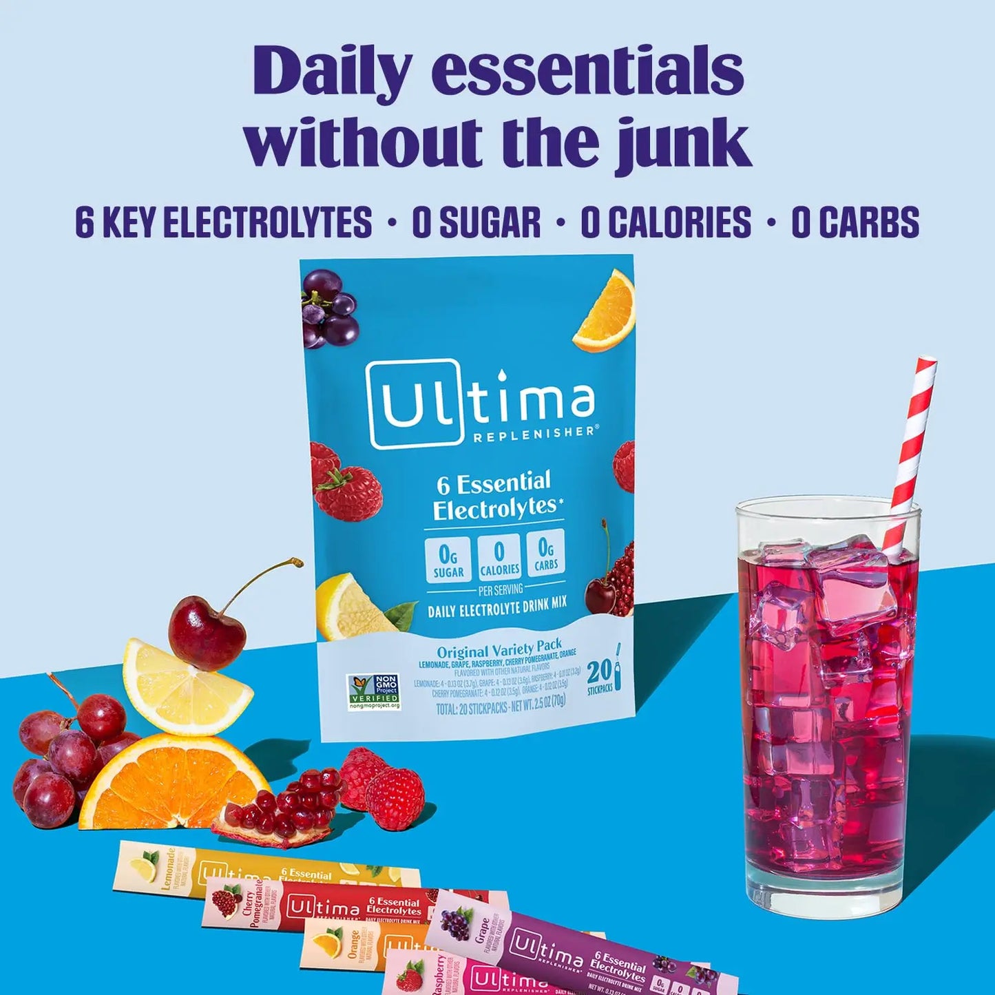 Ultima Replenisher Daily Electrolyte Powder – Original Variety Pack, 20 Stickpacks – Zero Sugar Hydration Packets with 6 Electrolytes and Minerals – Sugar Free Ultima Replenisher
