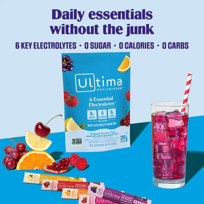 Ultima Replenisher Daily Electrolyte Powder – Original Variety Pack, 20 Stickpacks – Zero Sugar Hydration Packets with 6 Electrolytes and Minerals – Sugar Free Ultima Replenisher