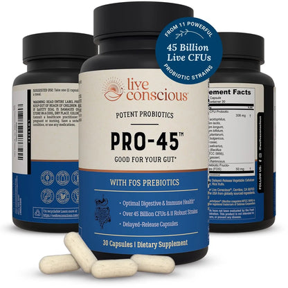 Live Conscious PRO45 Probiotics for Women & Men: Comprehensive Formula, 45 Billion CFU, 11 Strains, Dairy Free - w/Prebiotics and Probiotics Live Conscious