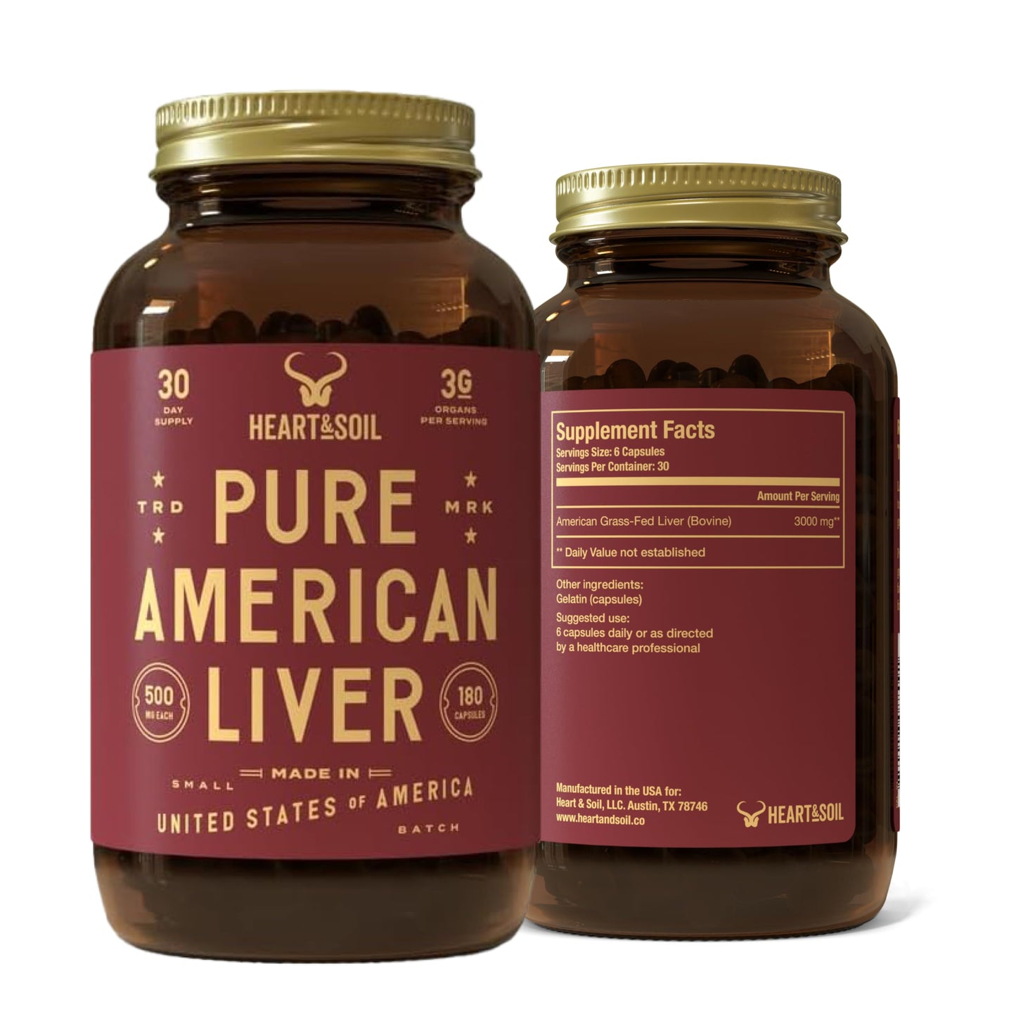 HEART & SOIL – 100% Grass Fed & Finished Beef Organs from Regenerative Cattle with Liver, Heart, Kidney, Pancreas & Spleen – 3000mg Beef Organ Supplement for Women & Men – Glass Bottle – 180 Capsules