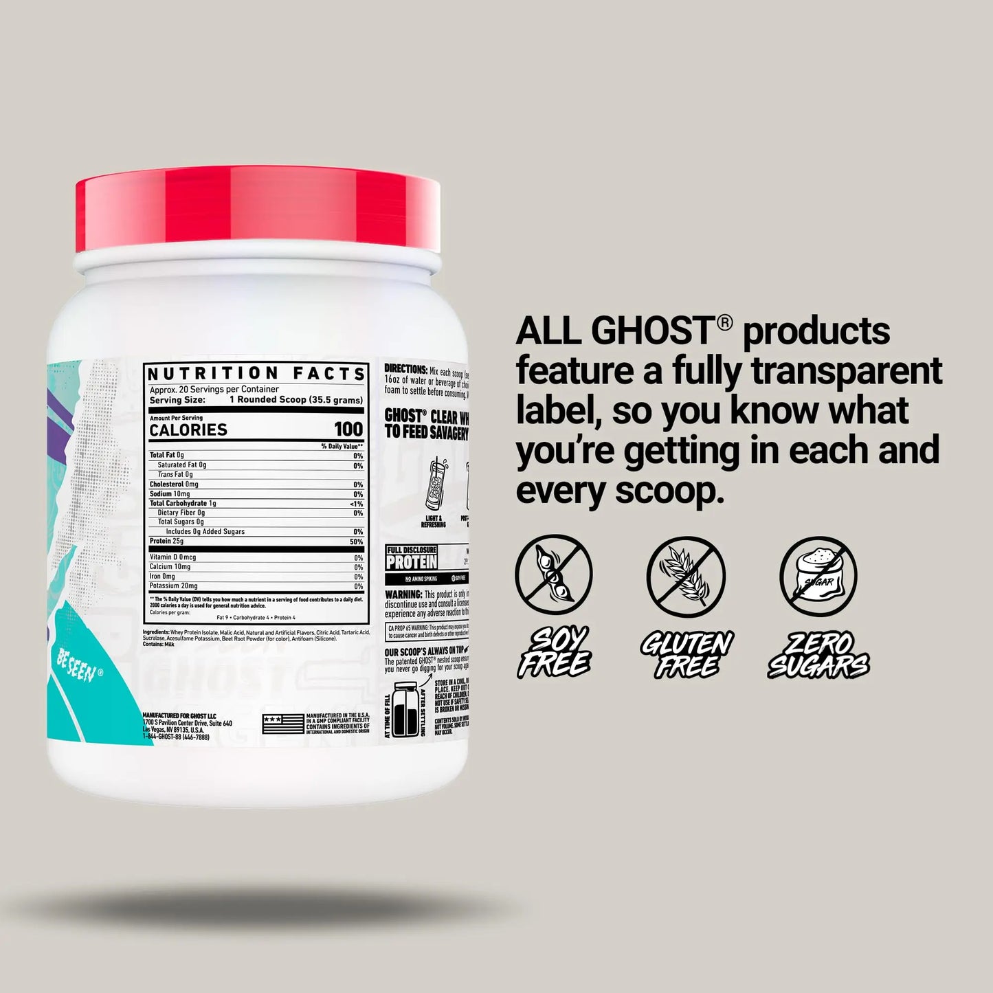 GHOST Clear Whey Isolate Protein Powder, Strawberry Watermelon - 1.57 LB Tub, 25G of Whey Protein - Post Workout Drink for Muscle Gain & Recovery – Sugar Free, Soy Free & Zero Fat, 20 Servings GHOST