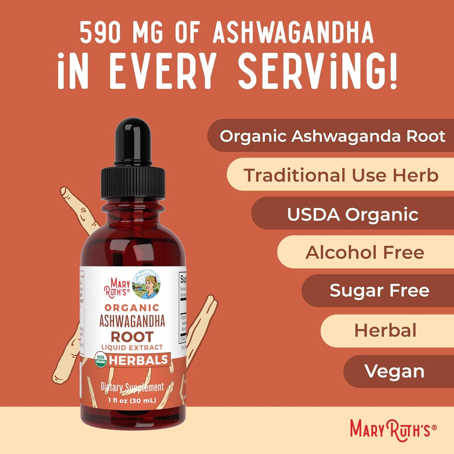 MARYRUTH'S Ashwagandha Root Liquid Drops | Mood & Stress Support Supplement | Calm & Relaxation | 590mg Ashwagandha | Adaptogen & Nervine | Vegan | USDA Organic | CLP Certified | Non-GMO | 1 oz