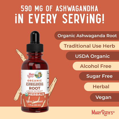 MARYRUTH'S Ashwagandha Root Liquid Drops | Mood & Stress Support Supplement | Calm & Relaxation | 590mg Ashwagandha | Adaptogen & Nervine | Vegan | USDA Organic | CLP Certified | Non-GMO | 1 oz