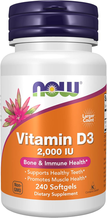 NOW Foods Supplements, Vitamin D-3 2,000 IU, High Potency, Structural Support*, 240 Softgels Gsupps Australia