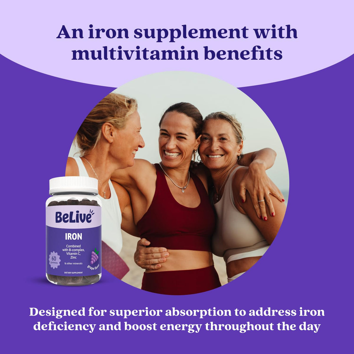 BeLive Iron Gummies - Multivitamin Supplement with Vitamin C, A, B & Zinc, Supports Blood Oxygen, Vegan Iron Supplements for Women, Men & Kids BeLive