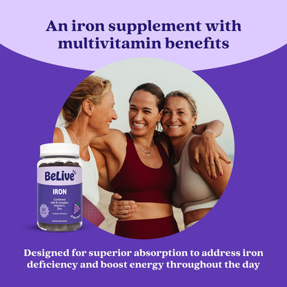 BeLive Iron Gummies - Multivitamin Supplement with Vitamin C, A, B & Zinc, Supports Blood Oxygen, Vegan Iron Supplements for Women, Men & Kids BeLive