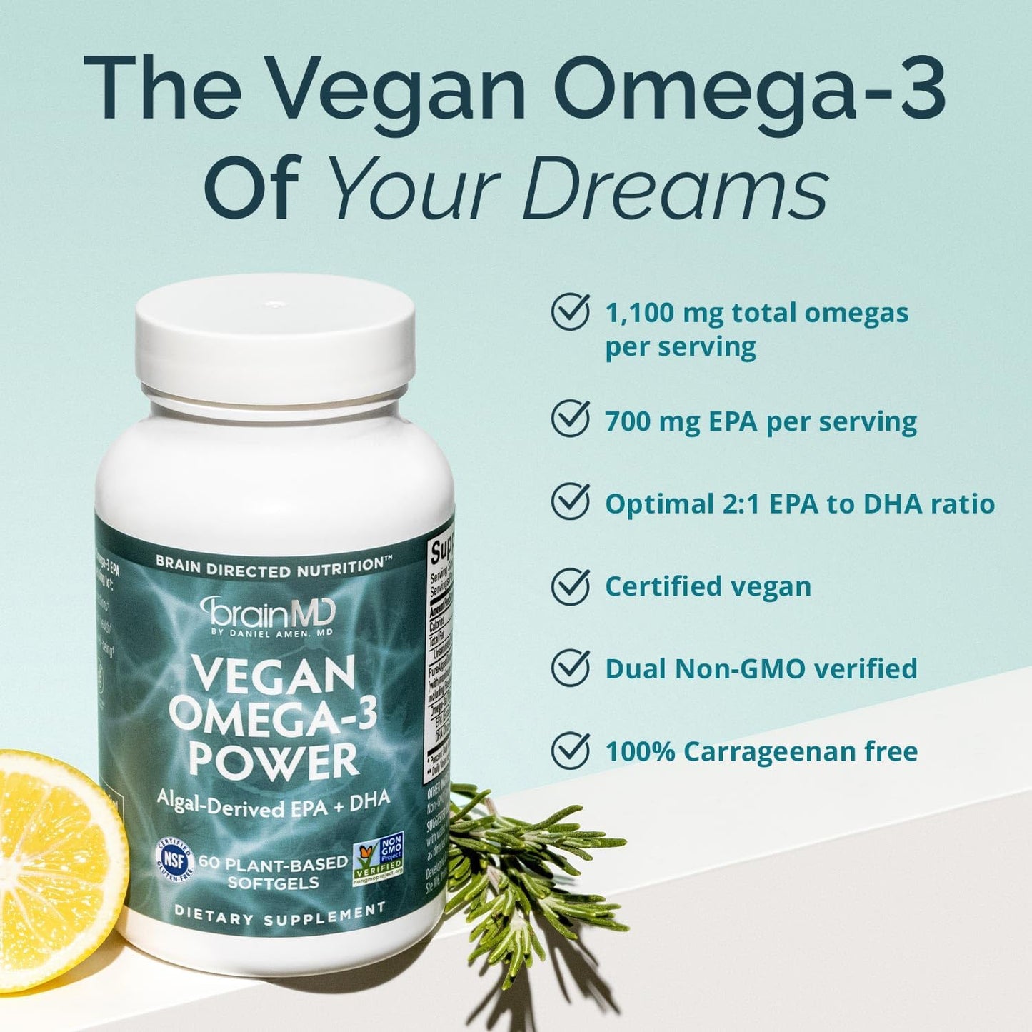 BRAINMD Dr Amen Vegan Omega-3 Power - 60 Plant-Based Softgels - 1,100 mg of EPA & DHA - Supports Focus, Memory & Heart Health - Vegan, Gluten Free & Non-GMO - 30 Servings
