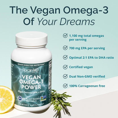 BRAINMD Dr Amen Vegan Omega-3 Power - 60 Plant-Based Softgels - 1,100 mg of EPA & DHA - Supports Focus, Memory & Heart Health - Vegan, Gluten Free & Non-GMO - 30 Servings