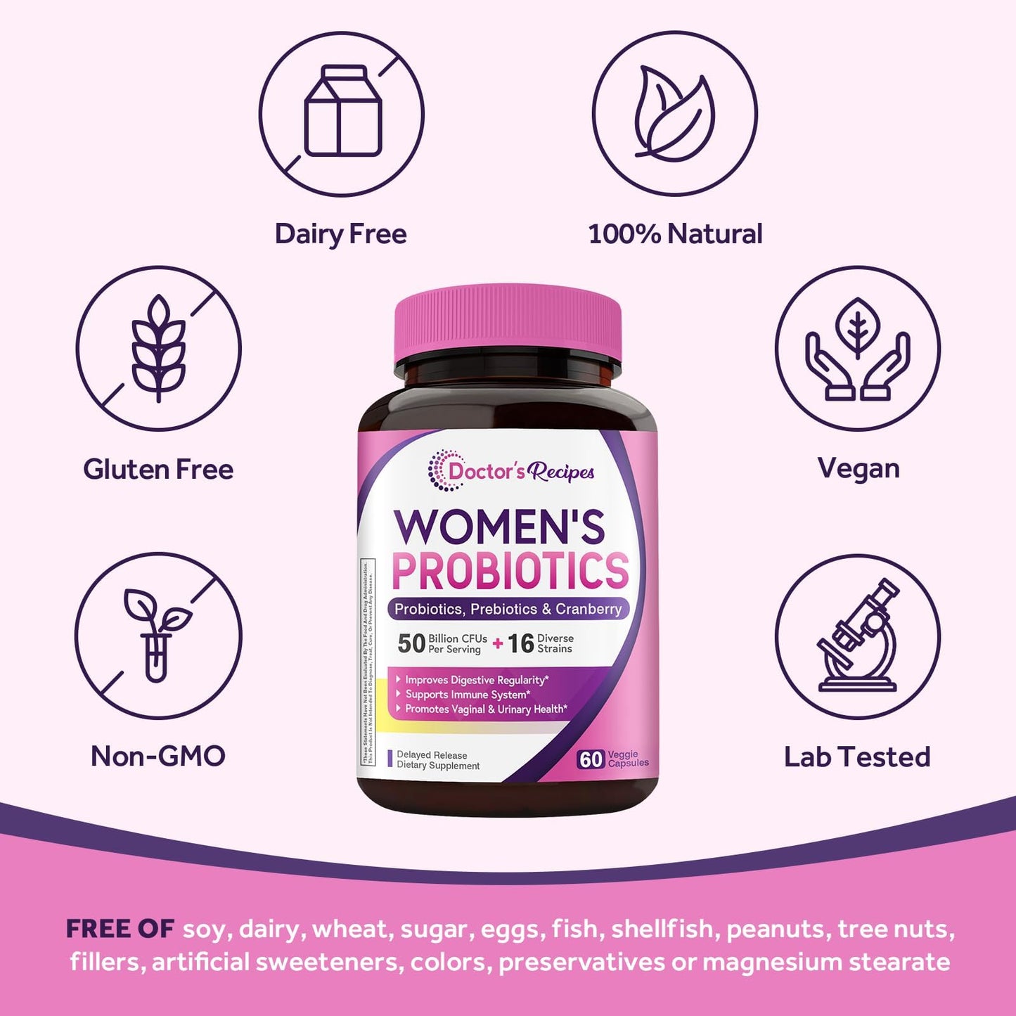 Doctor's Recipes Women's Probiotic, 60 Caps 50 Billion CFU 16 Strains, with Organic Cranberry, Digestive Immune Vaginal & Urinary Health, Shelf Stable Doctor's Recipes