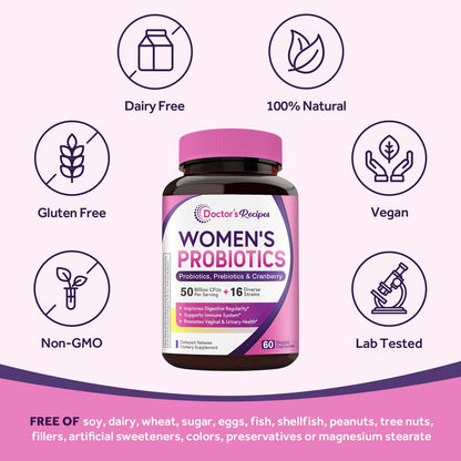 Doctor's Recipes Women's Probiotic, 60 Caps 50 Billion CFU 16 Strains, with Organic Cranberry, Digestive Immune Vaginal & Urinary Health, Shelf Stable Doctor's Recipes