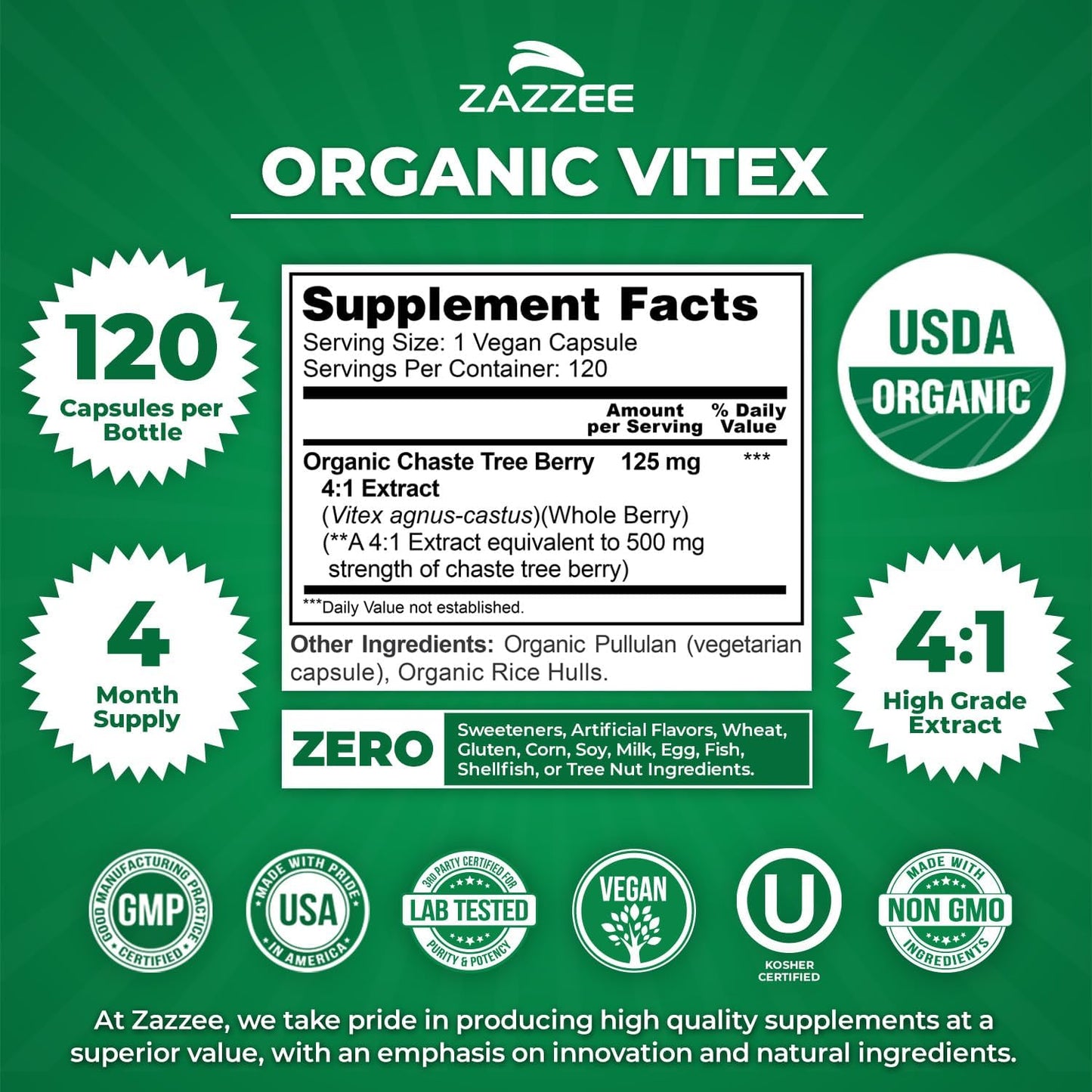 Zazzee USDA Organic Vitex 4:1 Extract, 120 Vegan Capsules, 4 Month Supply | Chaste Berry, Hormonal Balance & Cycle Support for Women, Certified Kosher, Vitex Agnus-Castus, Non-GMO, Made in the USA Gsupps Australia