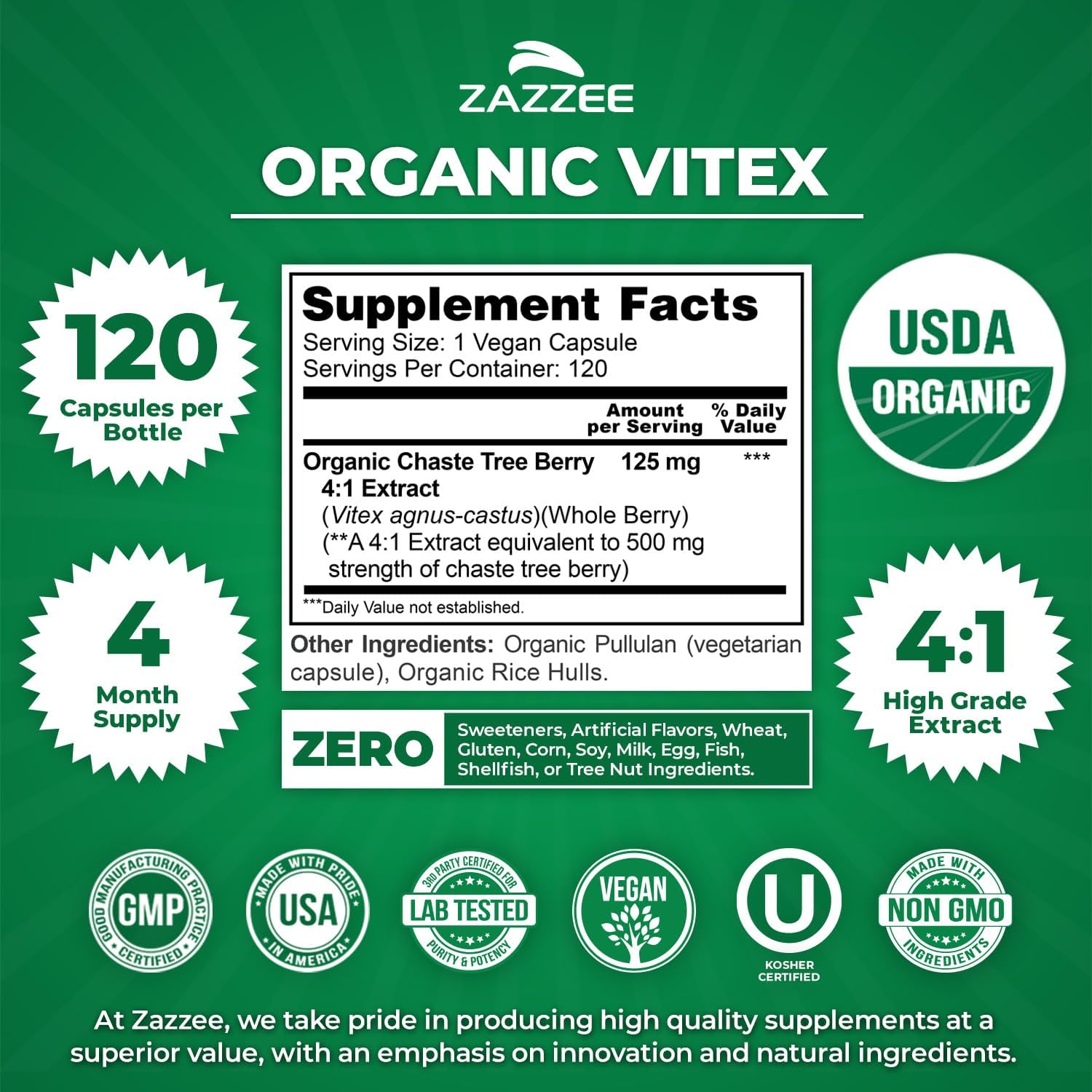 Zazzee USDA Organic Vitex 4:1 Extract, 120 Vegan Capsules, 4 Month Supply | Chaste Berry, Hormonal Balance & Cycle Support for Women, Certified Kosher, Vitex Agnus-Castus, Non-GMO, Made in the USA Gsupps Australia