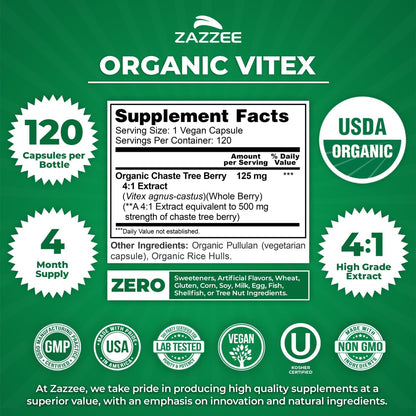 Zazzee USDA Organic Vitex 4:1 Extract, 120 Vegan Capsules, 4 Month Supply | Chaste Berry, Hormonal Balance & Cycle Support for Women, Certified Kosher, Vitex Agnus-Castus, Non-GMO, Made in the USA Gsupps Australia