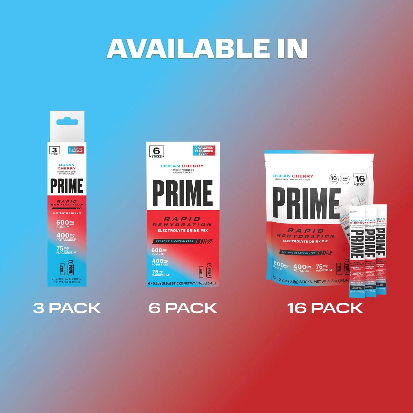 Prime Rapid Rehydration Electrolyte Powder Sticks, Ocean Cherry, Sugar Free Hydration Drink Mix with Sodium, Potassium, Magnesium & B Vitamins PRIME HYDRATION