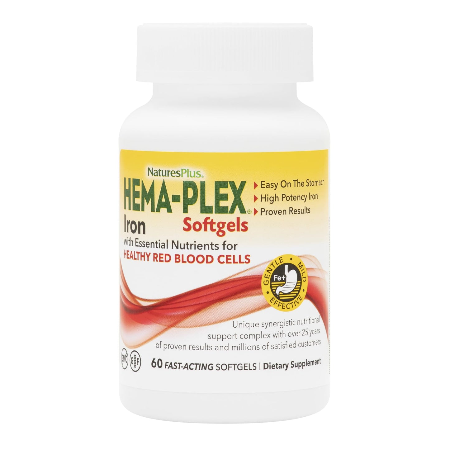 NaturesPlus Hema-Plex Iron - 60 Fast-Acting Softgels - 85 mg Iron + Vitamin C & Bioflavonoids for Healthy Red Blood Cells NaturesPlus