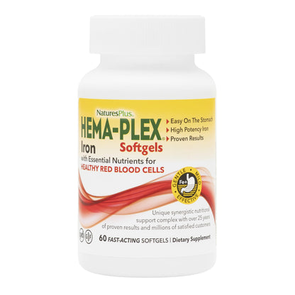 NaturesPlus Hema-Plex Iron - 60 Fast-Acting Softgels - 85 mg Iron + Vitamin C & Bioflavonoids for Healthy Red Blood Cells NaturesPlus