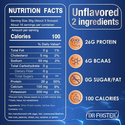 DRFOSTER Whey Protein Powder Isolate - Unflavored, Grass-Fed, 26g Protein & 6g BCAAs for Muscle Growth & Recovery DRFOSTER