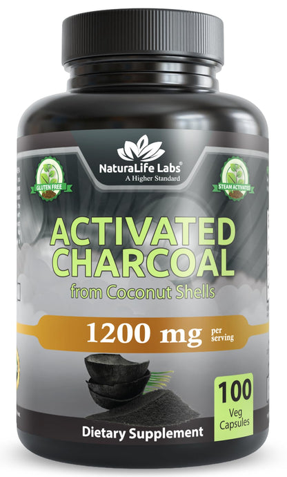 NaturaLife Labs Activated Charcoal 1200 mg per Serving – from Coconut Shells – 100 Veg Capsules – Non-GMO, Gluten-Free, Vegan NaturaLife Labs