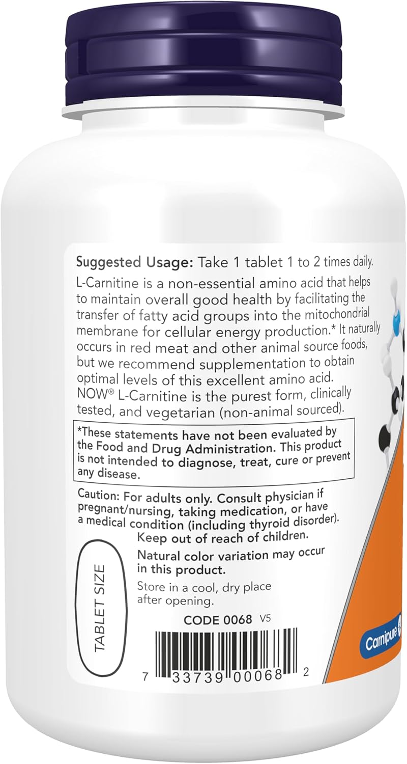 NOW Foods Supplements, L-Carnitine 1,000 mg, Purest Form, Amino Acid, Fitness Support*, 100 Tablets Gsupps Australia