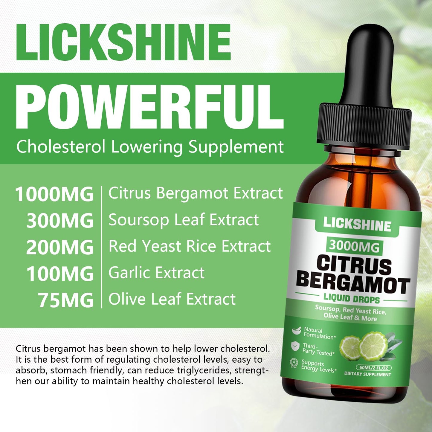 lickshine 2 Pack 3000mg Citrus Bergamot Liquid Drops - High Absorption - Cholesterol Lowering Supplement for Immune Support Anti-Aging, lickshine
