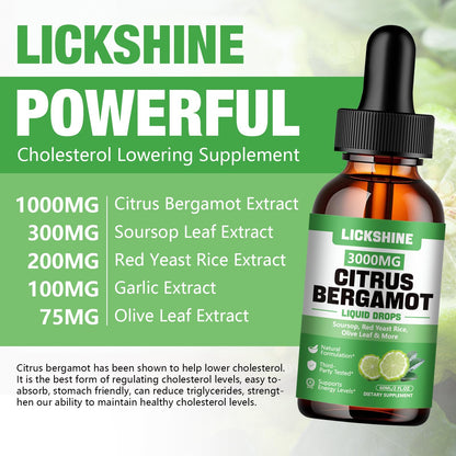lickshine 2 Pack 3000mg Citrus Bergamot Liquid Drops - High Absorption - Cholesterol Lowering Supplement for Immune Support Anti-Aging, lickshine