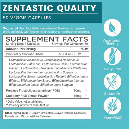 Zentastic Probiotics & Prebiotics Supplement - 50 Billion CFU - for Men & Women’s Immune & Digestive Health - 16 Strains - Shelf Stable Zentastic