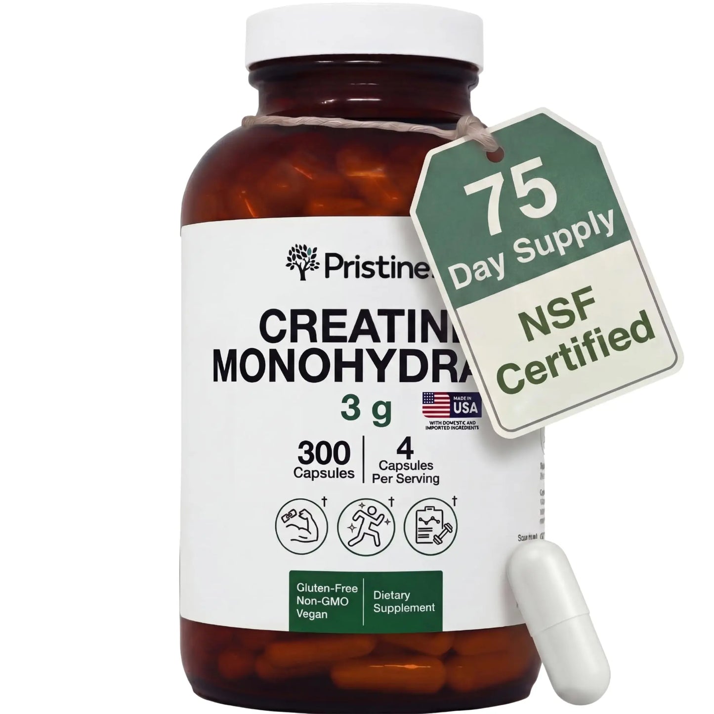 PRISTINE'S Creatine Monohydrate Capsules for Women & Men - NSF Certified 75 Day Supply 3G Creatine Pills for Women - Cognitive & Athletic Performance Support PRISTINE'S