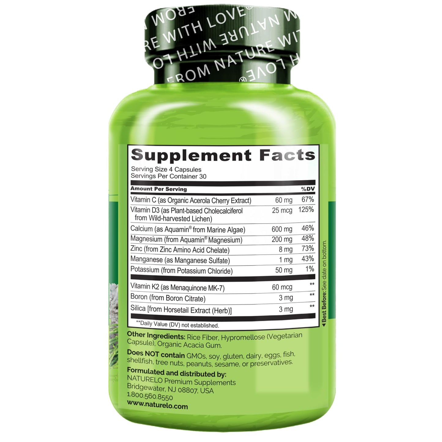 NATURELO Calcium Supplement - with Vitamin C, Vitamin D3, K2, and Calcium Magnesium Zinc for Bone Strength with Calcium 600mg - Plant-Based, 120 Vegetarian Capsules NATURELO