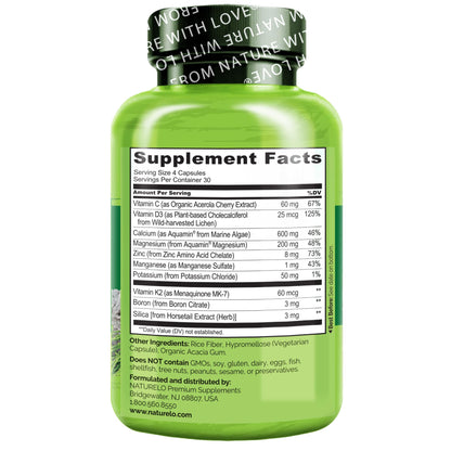NATURELO Calcium Supplement - with Vitamin C, Vitamin D3, K2, and Calcium Magnesium Zinc for Bone Strength with Calcium 600mg - Plant-Based, 120 Vegetarian Capsules NATURELO