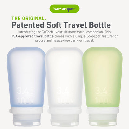 humangear GoToob+ 3-Pack, Large (3.4 fl oz), Clear/Purple/Teal | Refillable & Leak-Proof Silicone Travel Size Bottles with Locking Cap for Toiletries, Camping & TSA Carry-On Gsupps Australia